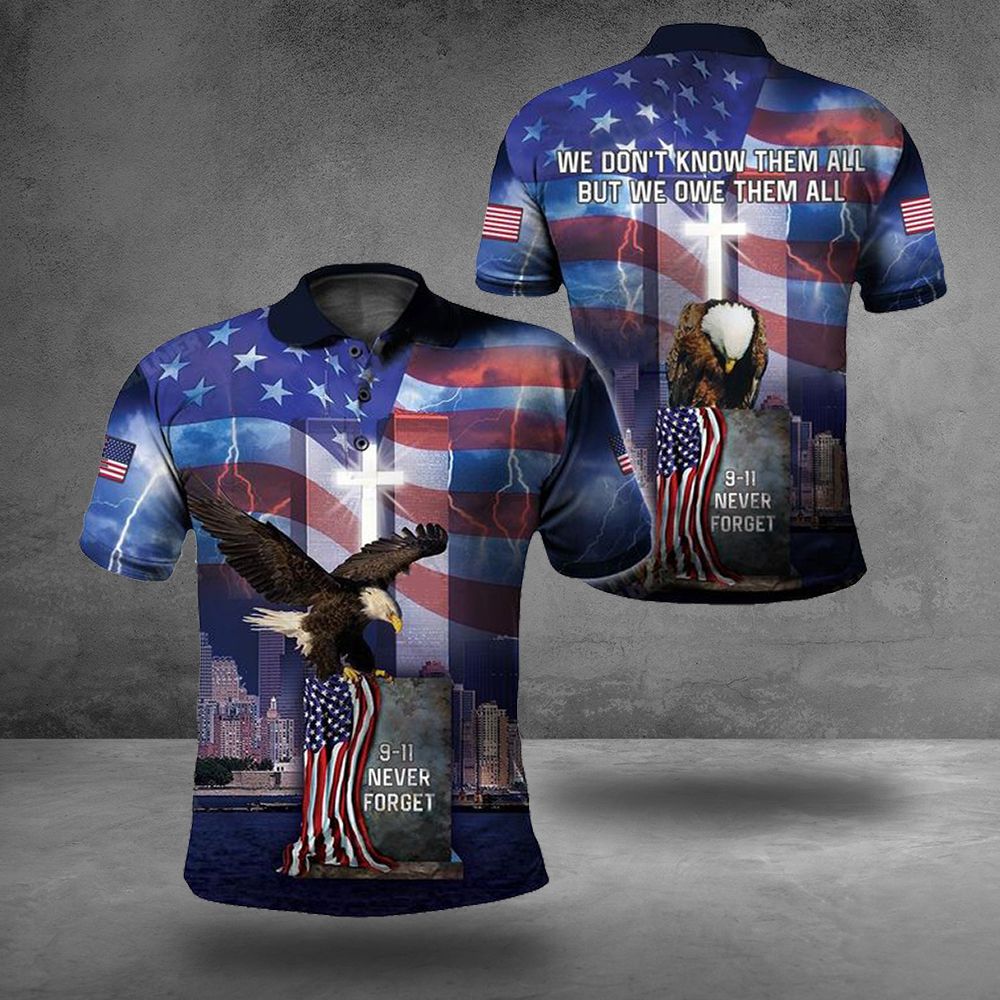 9-11 Never Forget Polo Shirt Eagle American Flag Christian Memorial Patriot Day September 11