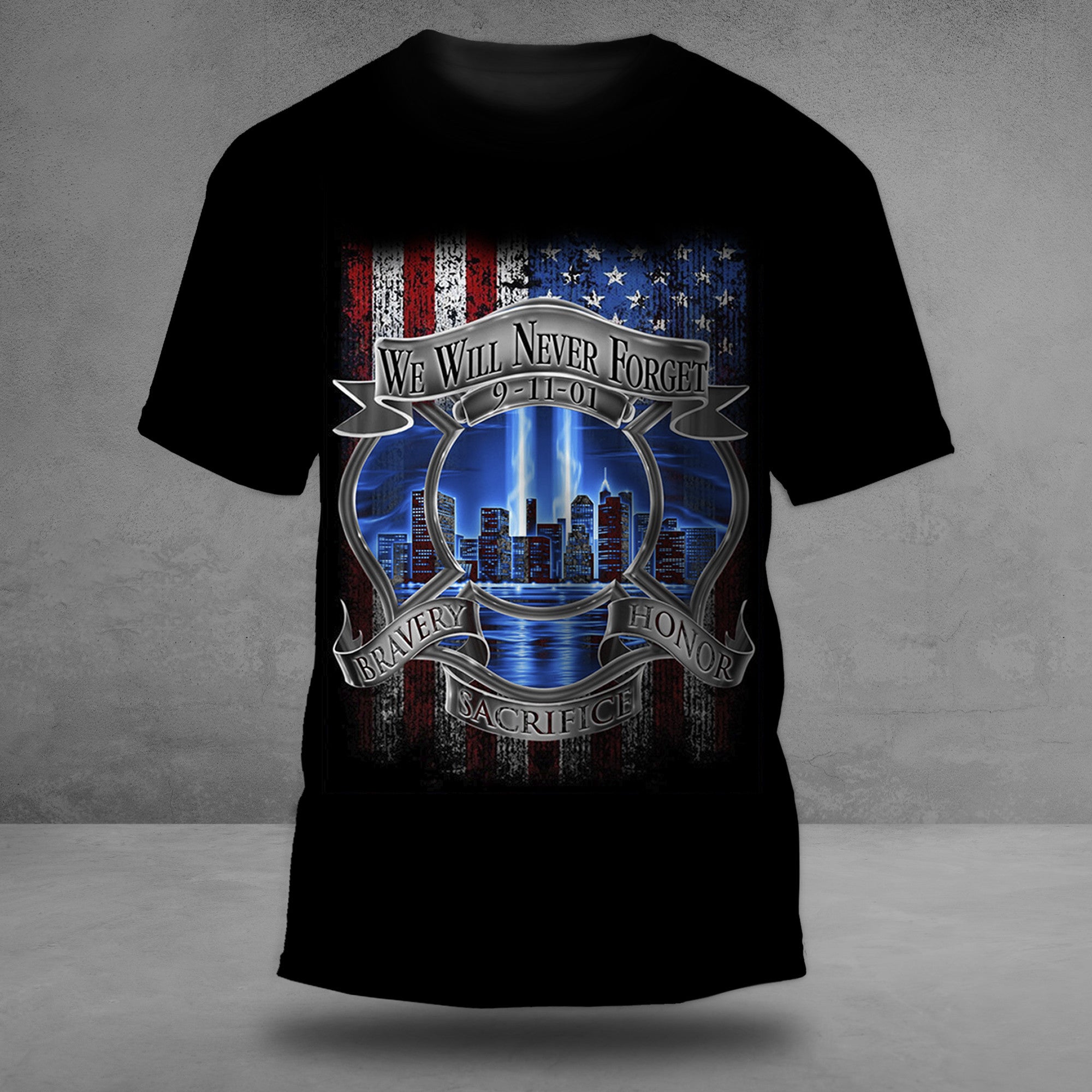 9 11 We Will Never Forget Shirt Bravery Honor Sacrifice Twin Towers 21st Anniversary Merch