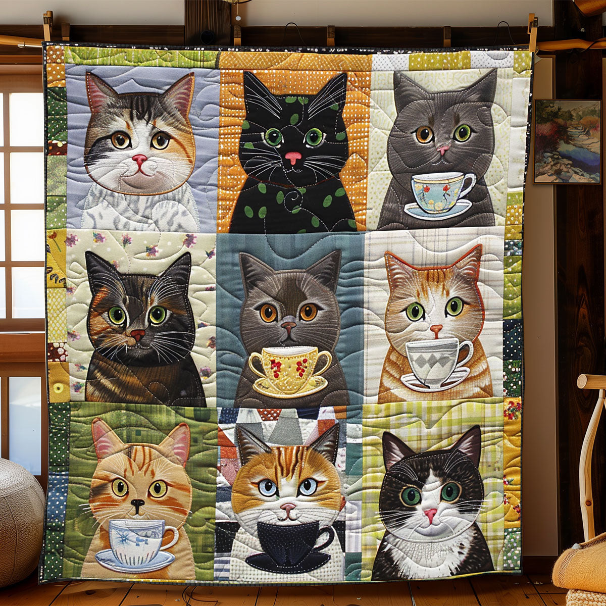 9 Cats And Coffee Cups Quilt Blanket Christmas Presents For Cat Lovers