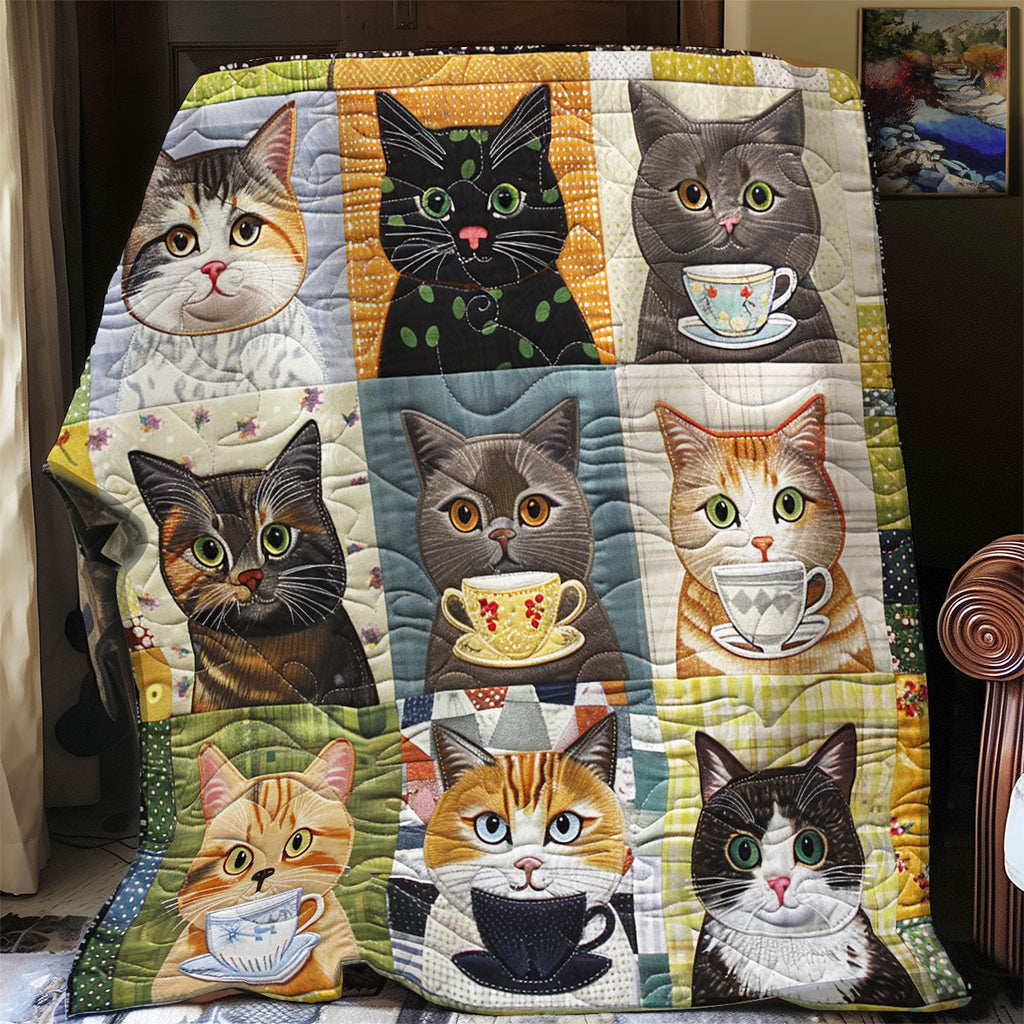 9 Cats And Coffee Cups Quilt Blanket Christmas Presents For Cat Lovers