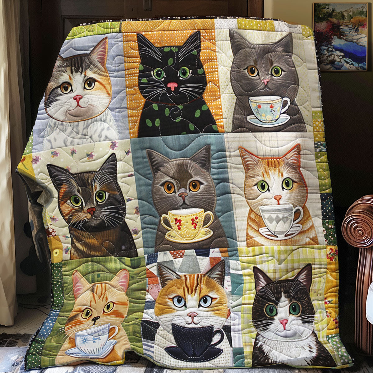 9 Cats And Coffee Cups Quilt Blanket Christmas Presents For Cat Lovers